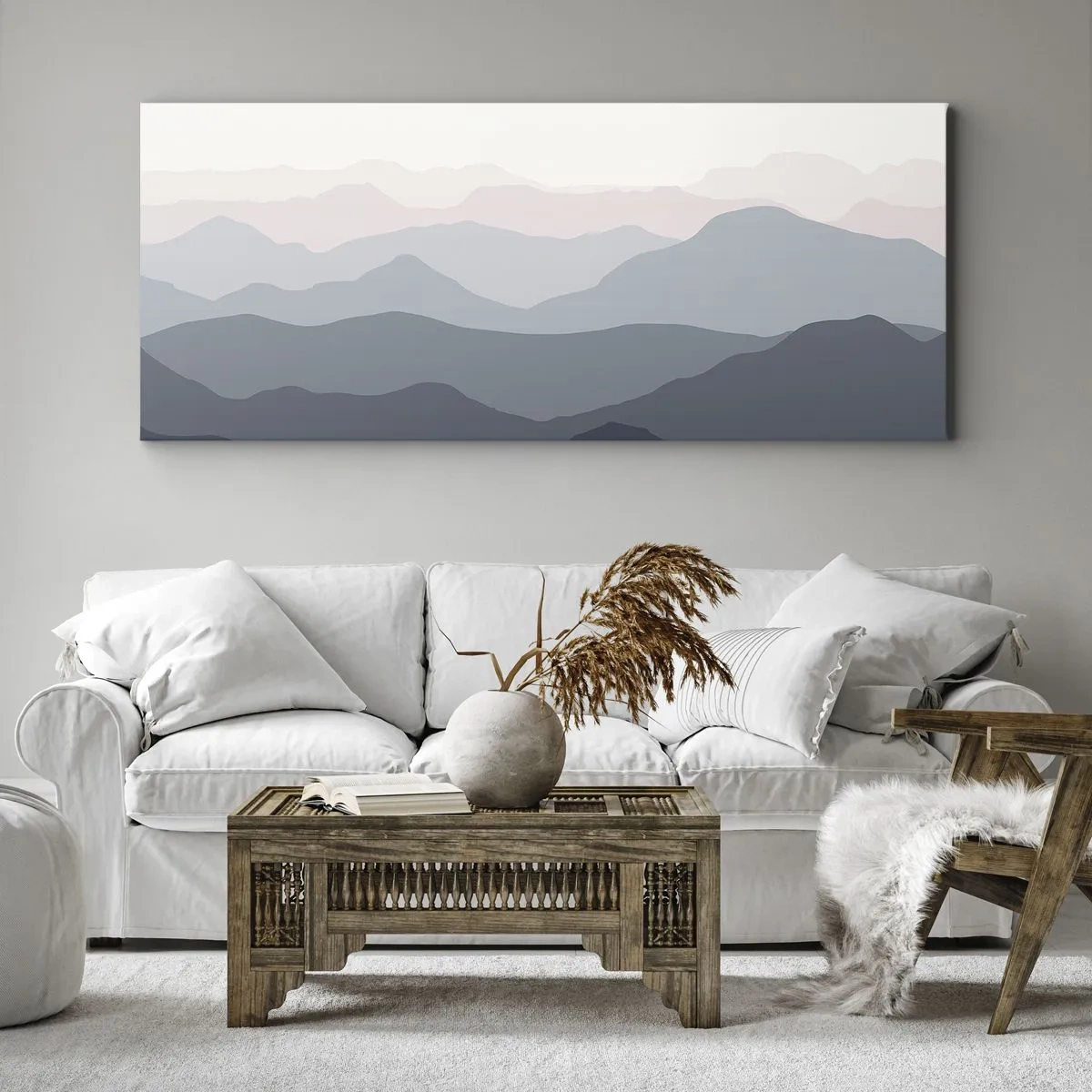 Bild auf Leinwand - Leinwandbild - Dezente Bergschichten in Grau- und Blautönen - 140x50cm - Wellen der Berge - Moderne Wanddekoration für Wohnzimmer und Schlafzimmer ARTTOR