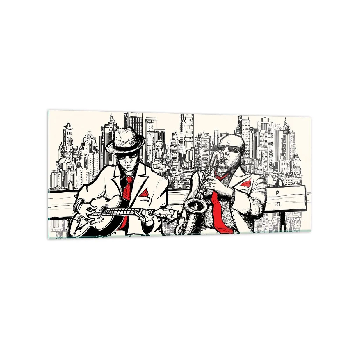 Glasbild - Bild auf glas - Ein Jazzduo mit Saxophon und Gitarre vor der Kulisse der Stadt - 120x50cm - New Yorker Improvisation - Moderne Wanddekoration für Wohnzimmer und Schlafzimmer ARTTOR