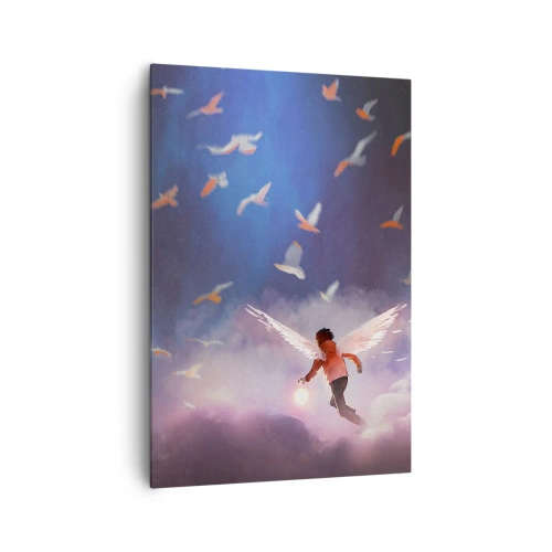 Bild auf Leinwand - Leinwandbild - Eine Figur mit Engelsflügeln, die zwischen Vögeln am Himmel schwebt - 70x100cm - Du brauchst Fantasie und Mut - Moderne Wanddekoration für Wohnzimmer und Schlafzimmer ARTTOR