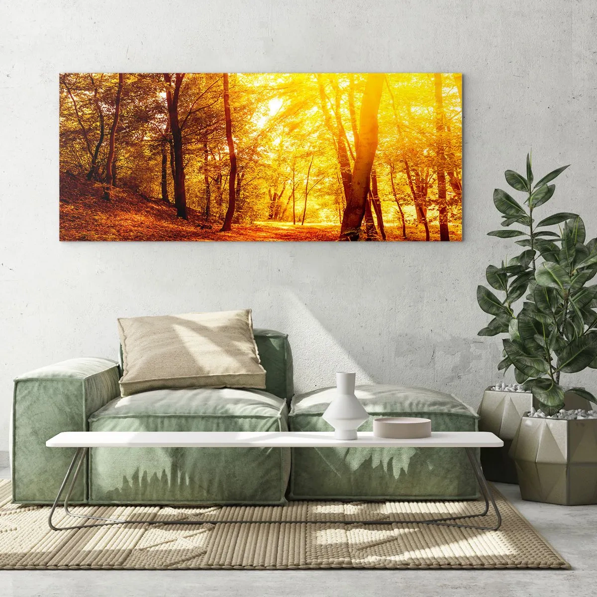 Glasbild - Bild auf glas - Herbstlichtung im goldenen Sonnenlicht mit einem Waldweg - 120x50cm - Auf die goldene Lichtung - Moderne Wanddekoration für Wohnzimmer und Schlafzimmer ARTTOR