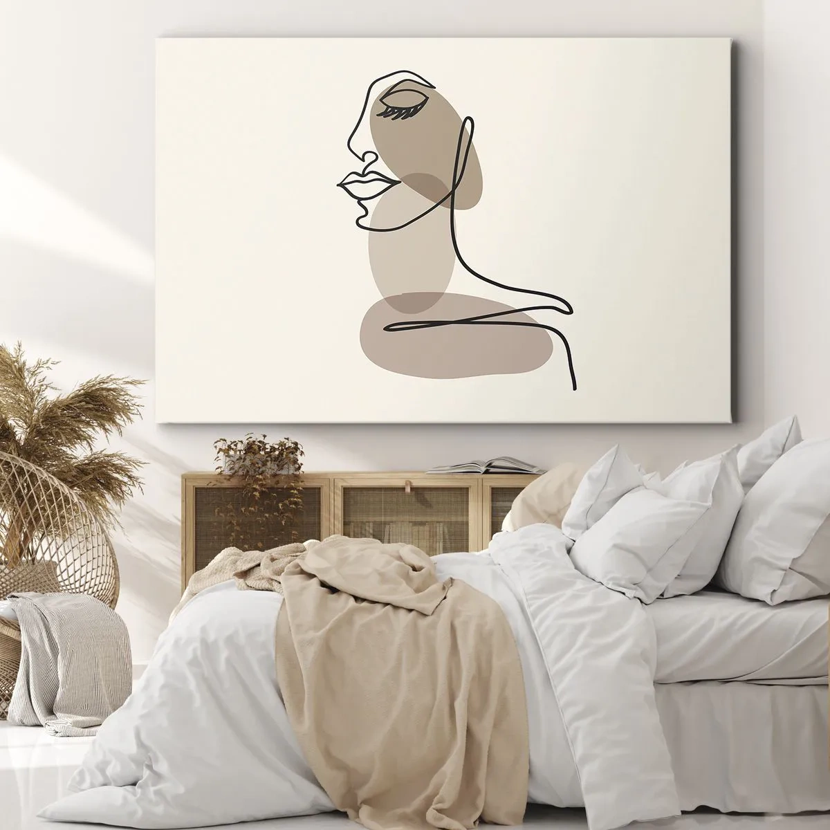 Bild auf Leinwand - Leinwandbild - Minimalistisches Frauengesicht mit abstrakten Flecken - 100x70cm - Sich selbst zugehört - Moderne Wanddekoration für Wohnzimmer und Schlafzimmer ARTTOR