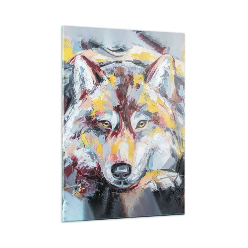 Glasbild - Bild auf glas - Farbenfrohes Wolfsportrait im expressionistischen Stil - 50x70cm - Seelenfrieden unter den Lieben - Moderne Wanddekoration für Wohnzimmer und Schlafzimmer ARTTOR