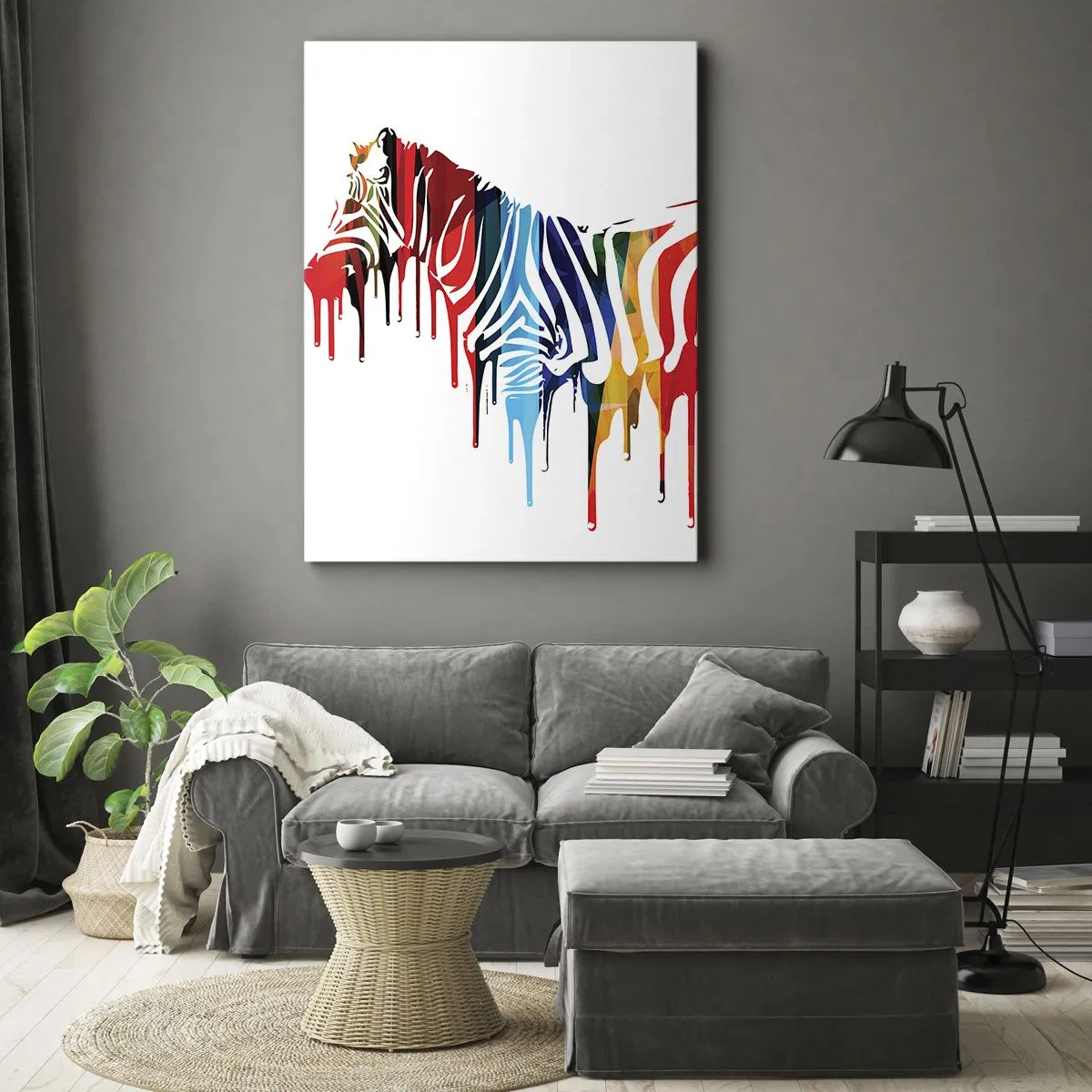 Bild auf Leinwand - Leinwandbild - Abstraktes Zebra in bunten Farben mit Lackeffekt - 80x120cm - Nicht nur schwarz-weiß - Moderne Wanddekoration für Wohnzimmer und Schlafzimmer ARTTOR