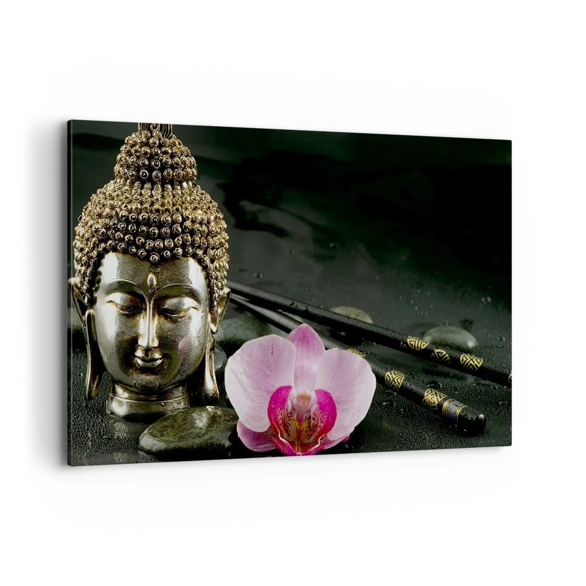 Bild auf Leinwand - Leinwandbild - Eine Buddha-Statuette mit Orchidee und Essstäbchen vor einem Hintergrund aus Steinen - 120x80cm - Harmonie von Weisheit und Schönheit - Moderne Wanddekoration für Wohnzimmer und Schlafzimmer ARTTOR