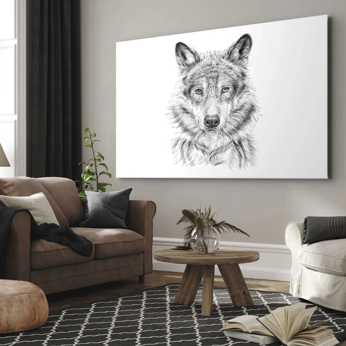 Bild auf Leinwand - Leinwandbild - Skizze eines Wolfskopfes im monochromen Stil auf weißem Hintergrund - 70x50cm - Ein geborener Anführer - Moderne Wanddekoration für Wohnzimmer und Schlafzimmer ARTTOR