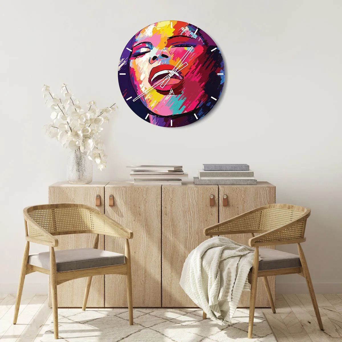 Wanduhr - Glasuhr - Ein farbenfrohes Porträt einer singenden Figur im abstrakten Stil. - 30x30cm - Sing mein ganzes Leben - Moderne Wanddekoration für Wohnzimmer, Küche und Schlafzimmer ARTTOR