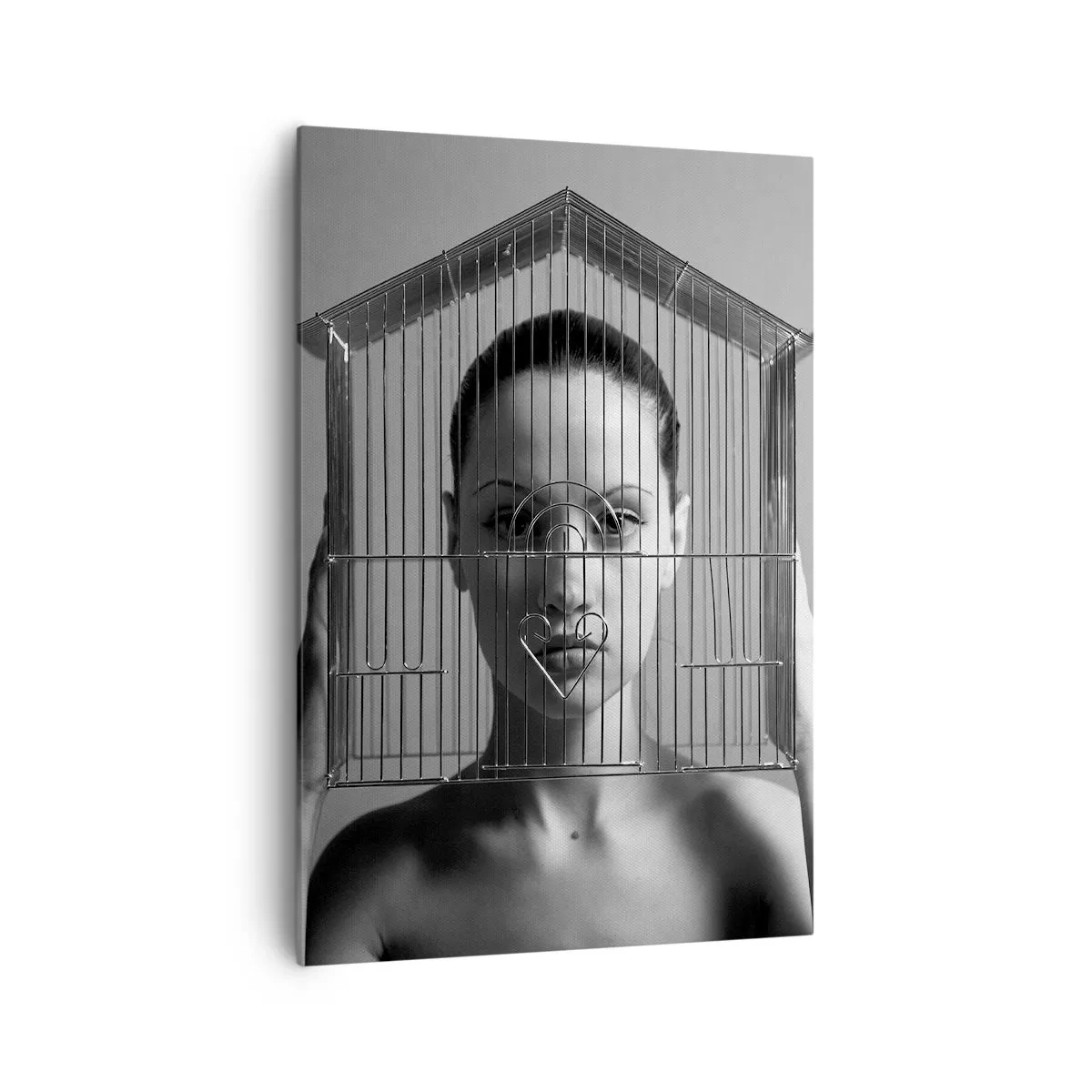 Bild auf Leinwand - Leinwandbild - Frau hinter einem Käfig im surrealen Stil - 70x100cm - Ein leicht surreales Portrait - Moderne Wanddekoration für Wohnzimmer und Schlafzimmer ARTTOR