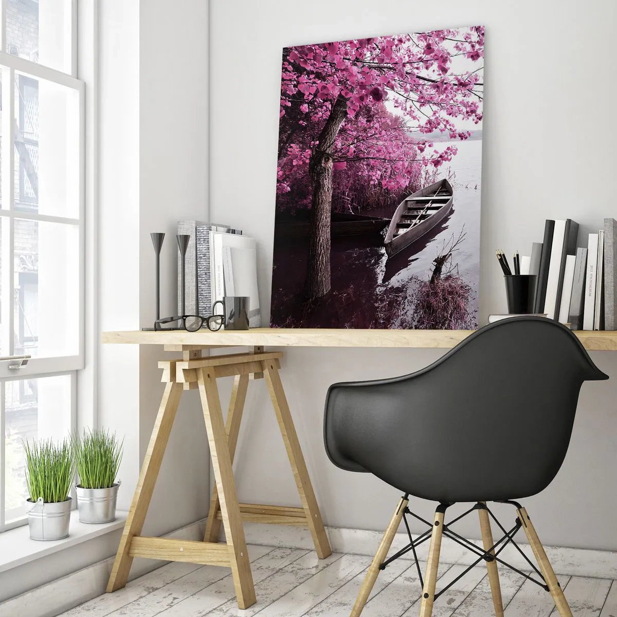 Glasbild - Bild auf glas - Ein Boot am Ufer mit einem rosa Baum über dem Wasser - 50x70cm - In rosa Stille - Moderne Wanddekoration für Wohnzimmer und Schlafzimmer ARTTOR