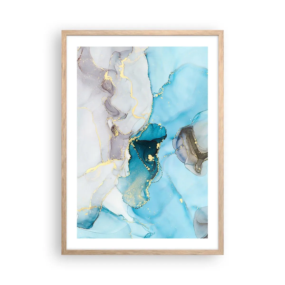 Poster in einem Rahmen aus heller Eiche - Eine Studie über das Zusammentreffen von Grau und Türkis - 50x70 cm