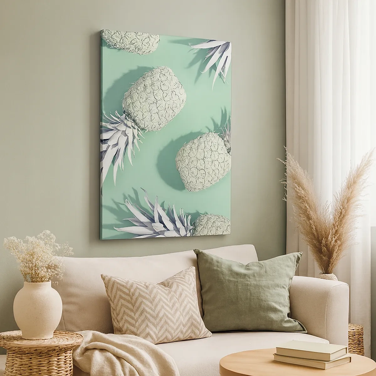 Bild auf Leinwand - Leinwandbild - Weiße Ananas auf pastellfarbenem Hintergrund im minimalistischen Stil - 50x70cm - Das passt gut zu Minze - Moderne Wanddekoration für Wohnzimmer und Schlafzimmer ARTTOR