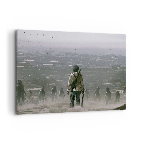 Bild auf Leinwand - Leinwandbild - Eine Gestalt mit einer Waffe steht vor einer Gruppe in einer dystopischen Landschaft. - 100x70cm - Letzter Gerechter? - Moderne Wanddekoration für Wohnzimmer und Schlafzimmer ARTTOR