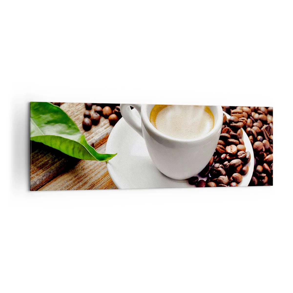 Bild auf Leinwand - Leinwandbild - Eine Tasse aromatischen Kaffee vor dem Hintergrund von Bohnen und einem Blatt - 160x50cm - Kaffee auf der Bank - Moderne Wanddekoration für Wohnzimmer und Schlafzimmer ARTTOR