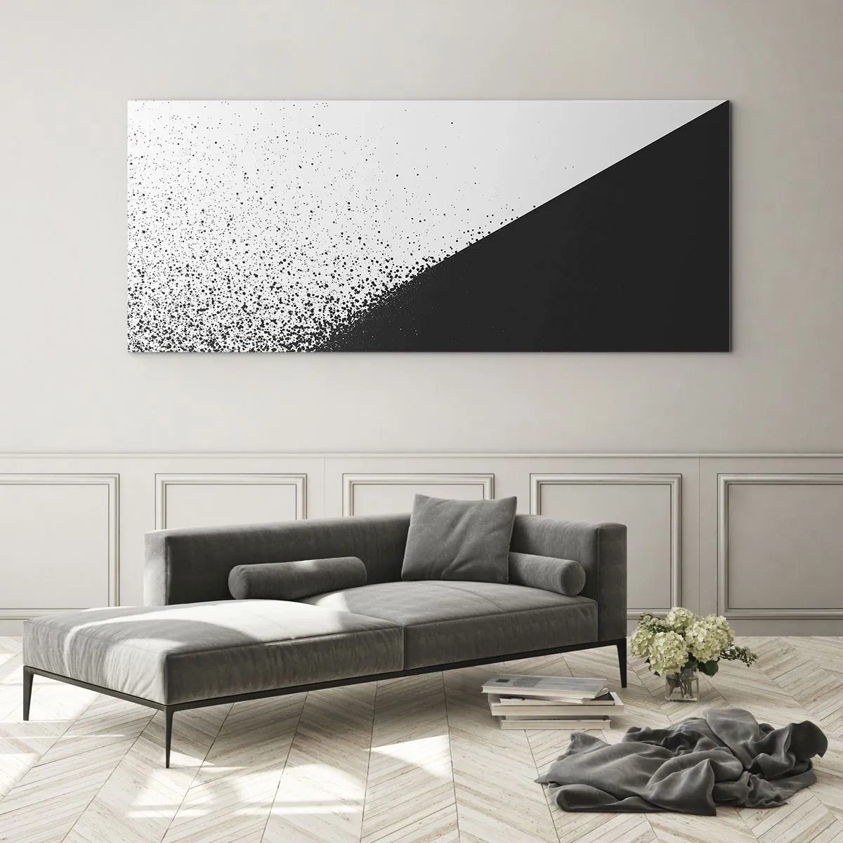 Glasbild - Bild auf glas - Minimalistische Abstraktion in Schwarz und Weiß mit verstreuten Punkten - 160x50cm - Immer schneller, immer mehr - Moderne Wanddekoration für Wohnzimmer und Schlafzimmer ARTTOR