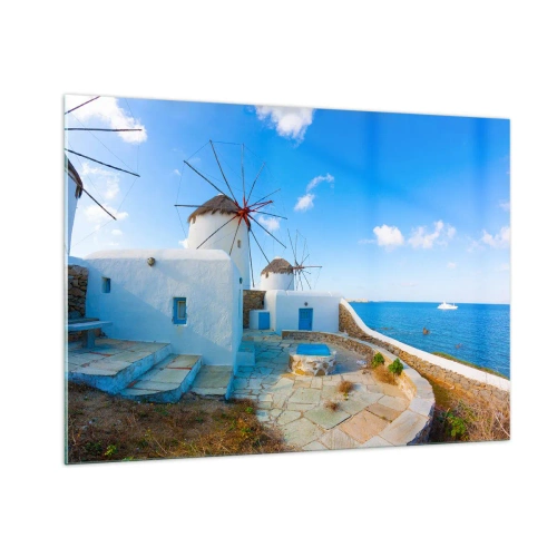 Glasbild - Bild auf glas - Windmühlen an der Ägäisküste - 100x70cm - Der blaue Wind vom Meer - Moderne Wanddekoration für Wohnzimmer und Schlafzimmer ARTTOR