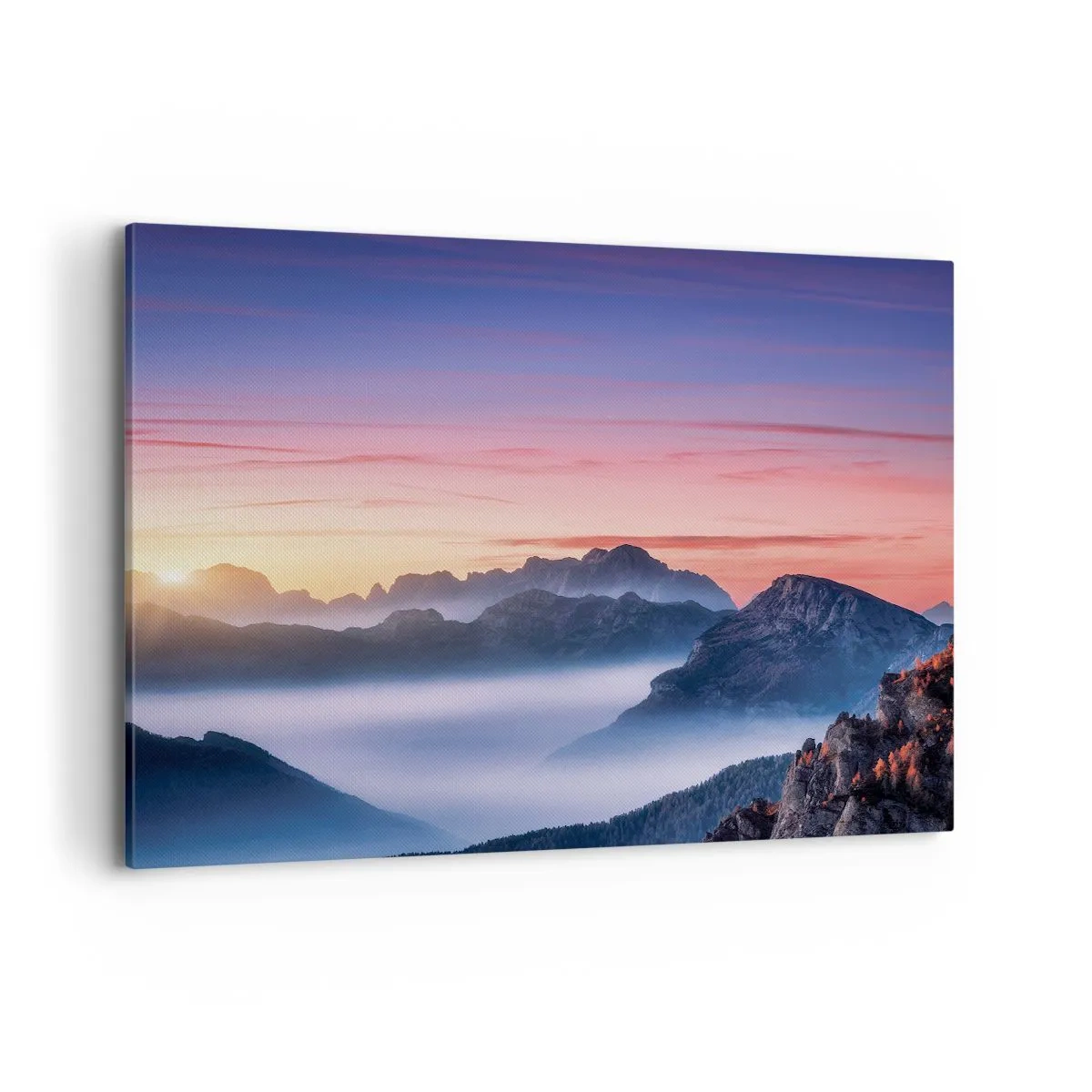 Bild auf Leinwand - Leinwandbild - Berglandschaft bei Sonnenaufgang mit Nebel in den Tälern - 100x70cm - Über die Täler - Moderne Wanddekoration für Wohnzimmer und Schlafzimmer ARTTOR
