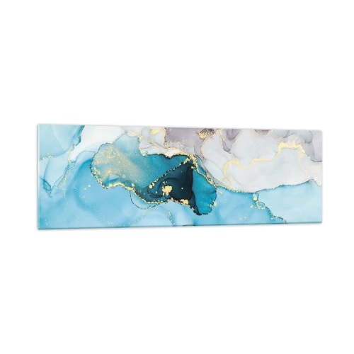 Glasbild - Bild auf glas - Abstraktion in Blau- und Goldtönen mit subtilen Linien - 160x50cm - Eine Studie über das Zusammentreffen von Grau und Türkis - Moderne Wanddekoration für Wohnzimmer und Schlafzimmer ARTTOR