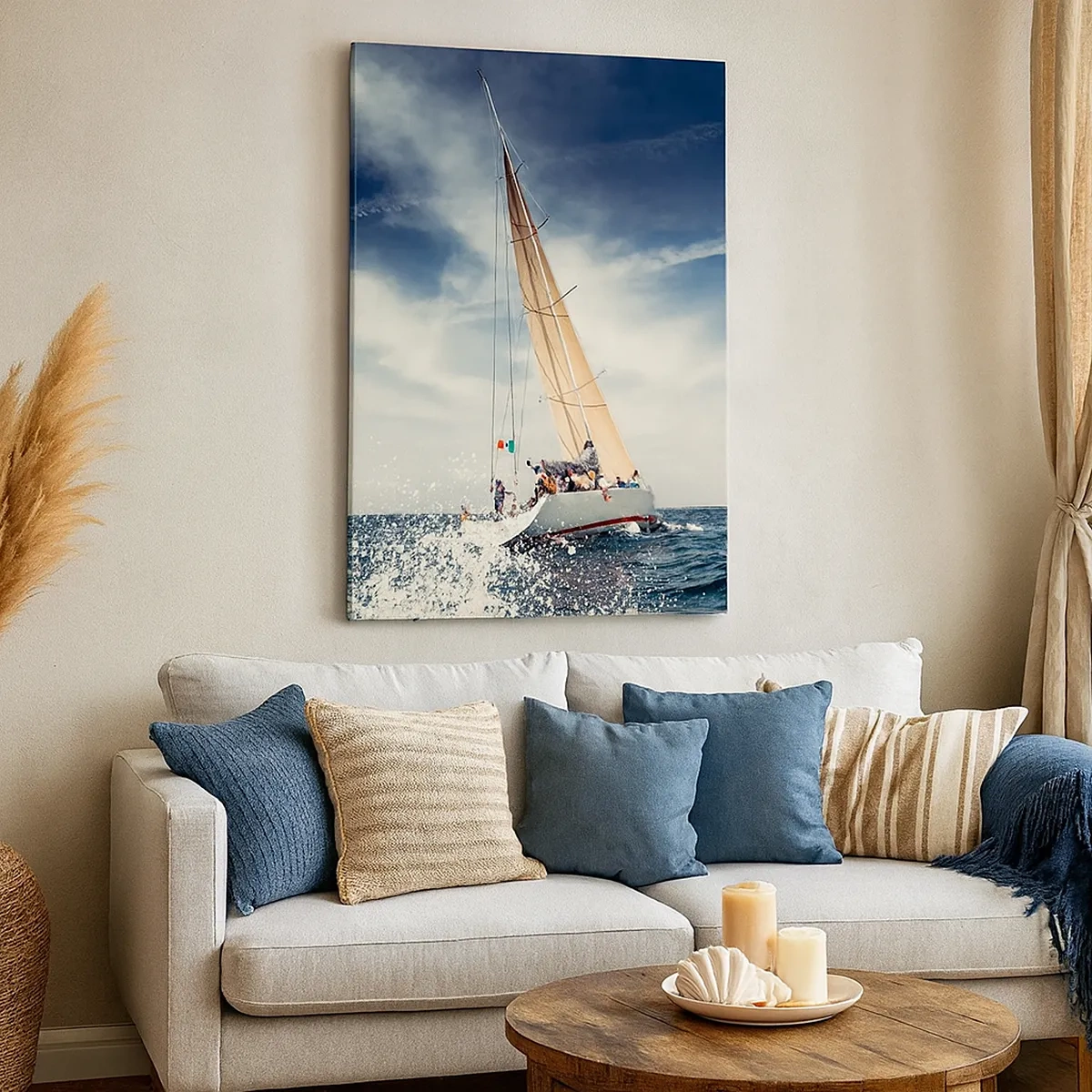 Bild auf Leinwand - Leinwandbild - Ein Segelboot auf stürmischer See unter blauem Himmel - 50x70cm - Sie werden uns nicht einholen! - Moderne Wanddekoration für Wohnzimmer und Schlafzimmer ARTTOR