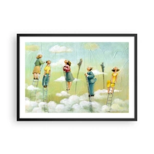 Poster in einem schwarzem Rahmen - Figuren, die auf pastellfarbenem Hintergrund zwischen Wolken Leitern hochklettern. - 70x50cm - Hinter deinem Traum - Moderne Wanddekoration für Wohnzimmer und Schlafzimmer ARTTOR