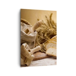 Bild auf Leinwand - Leinwandbild - Eine Landschaft mit Brot, Mehl und Ähren im rustikalen Stil. - 70x100cm - Wie mit einem Messer geschnitten - Moderne Wanddekoration für Wohnzimmer und Schlafzimmer ARTTOR