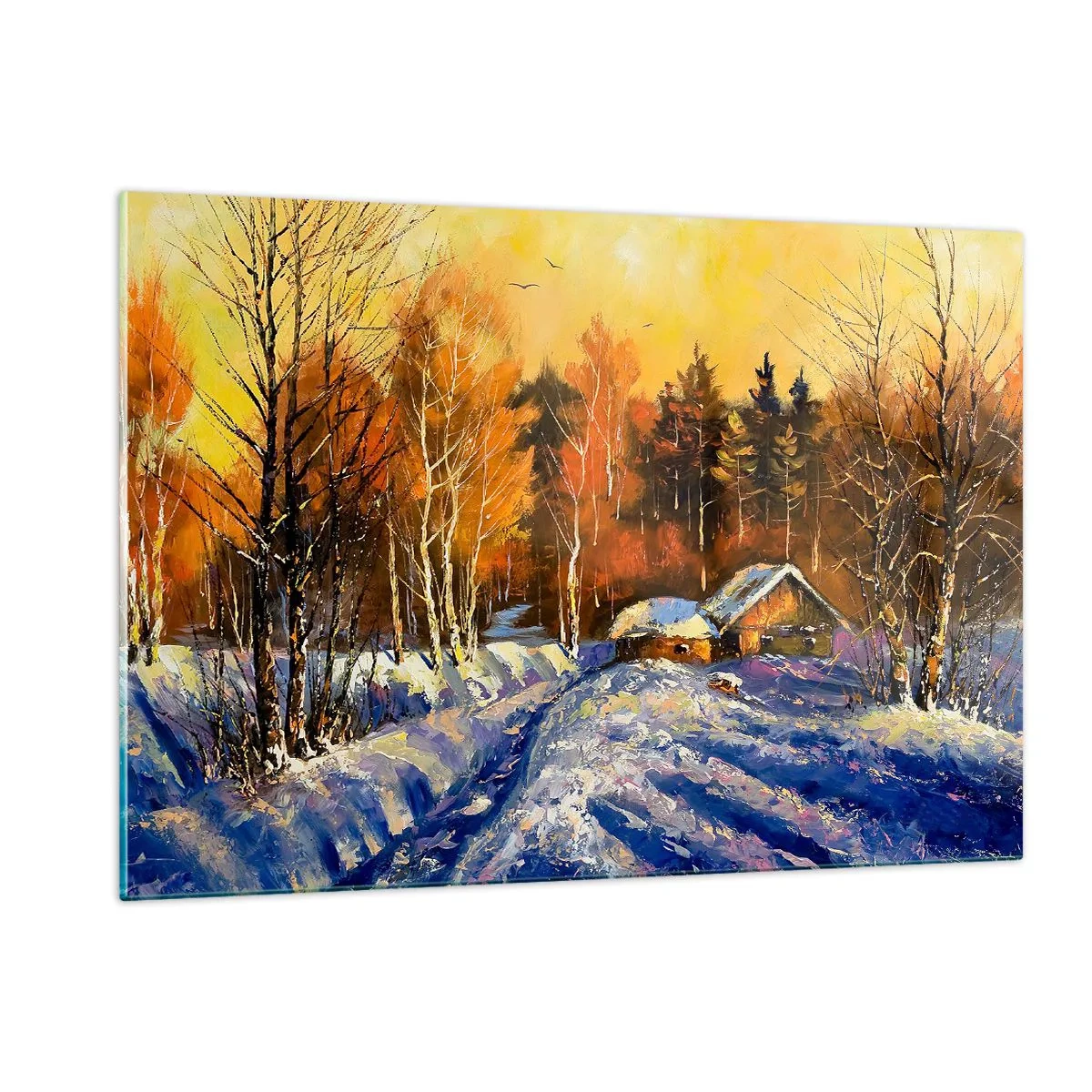 Glasbild - Bild auf glas - Winterlandschaft mit einem Holzhaus bei Sonnenuntergang - 120x80cm - Wintereindruck in der Sonne - Moderne Wanddekoration für Wohnzimmer und Schlafzimmer ARTTOR