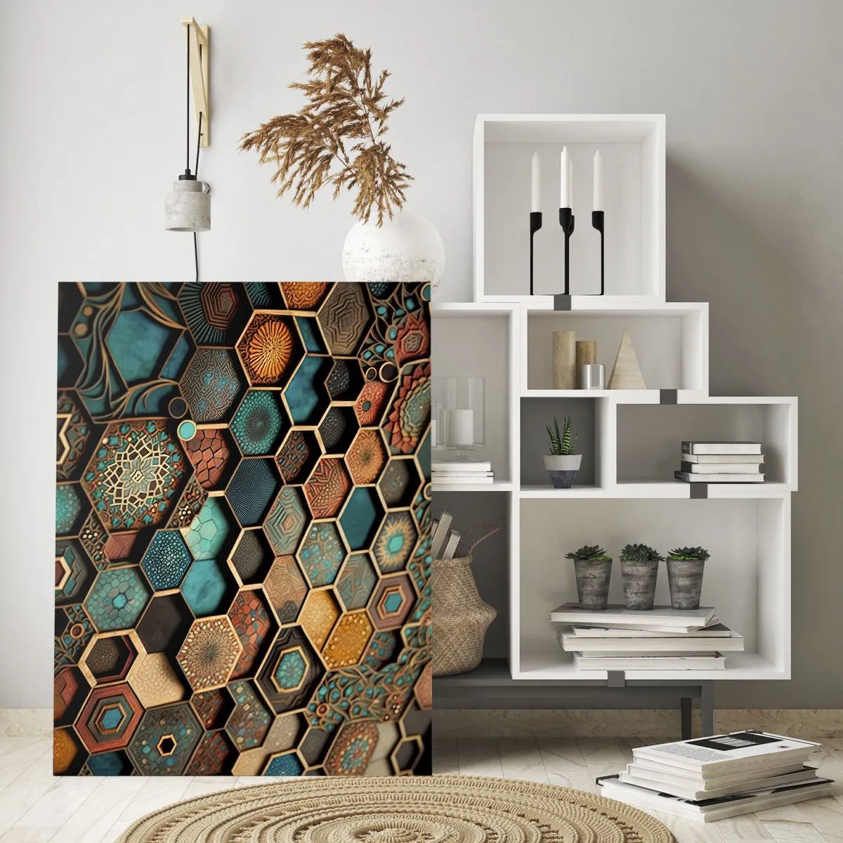 Glasbild - Bild auf glas - Bunte Ornamente in sechseckigen Mustern - 80x120cm - Arabische Ornamente – Variation - Moderne Wanddekoration für Wohnzimmer und Schlafzimmer ARTTOR