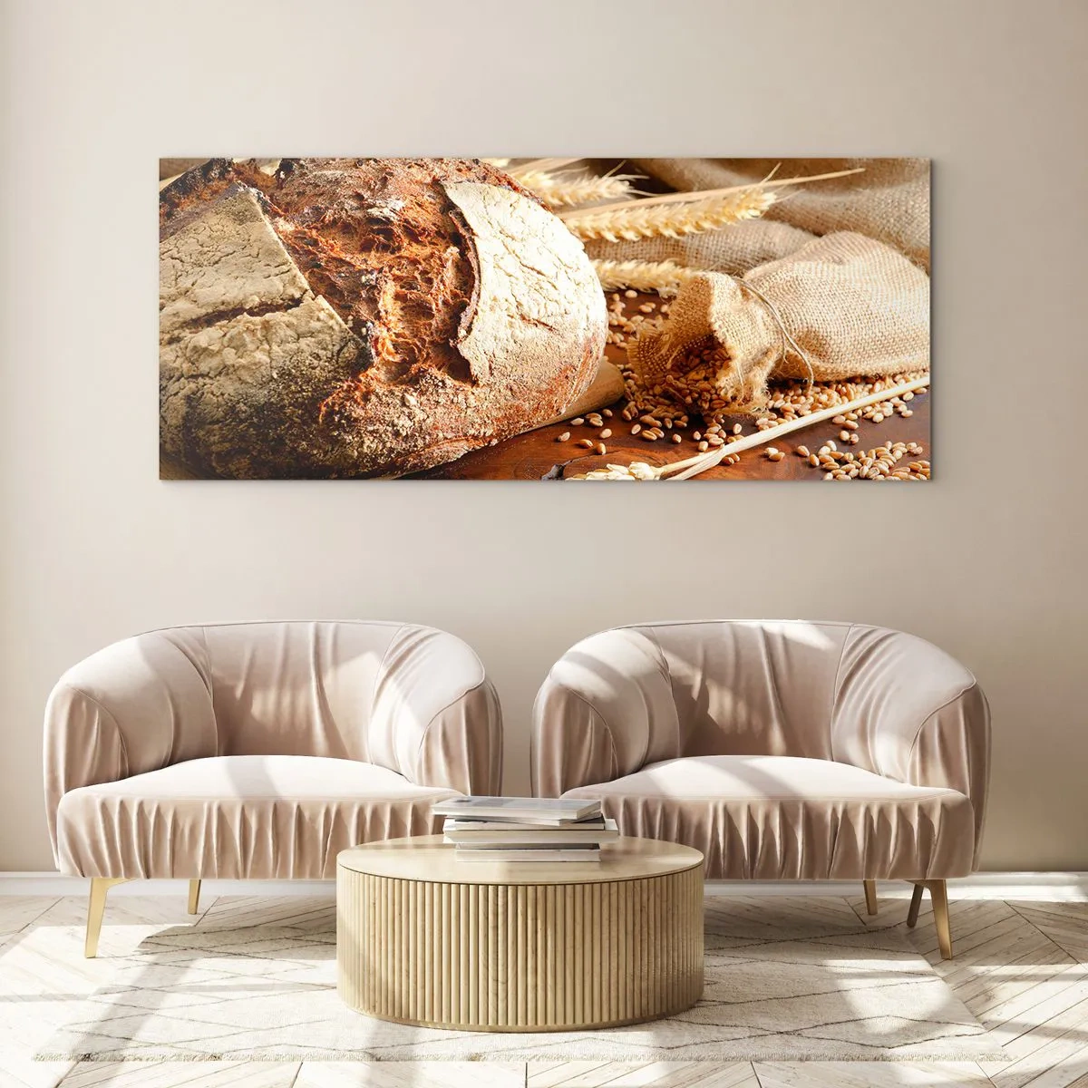 Glasbild - Bild auf glas - Knuspriges Brot mit Körnern und Weizenähren auf Holzhintergrund - 140x50cm - Appetitanregend, duftend, knackig - Moderne Wanddekoration für Wohnzimmer und Schlafzimmer ARTTOR