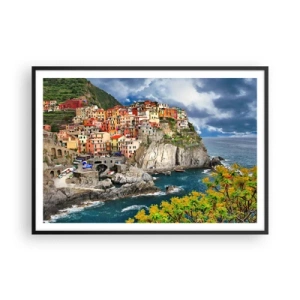 Poster in einem schwarzem Rahmen - Bunte Häuser auf einer Klippe mit Blick auf das Meer in Cinque Terre - 100x70cm - Eine Gruppe umarmt die Felsen - Moderne Wanddekoration für Wohnzimmer und Schlafzimmer ARTTOR