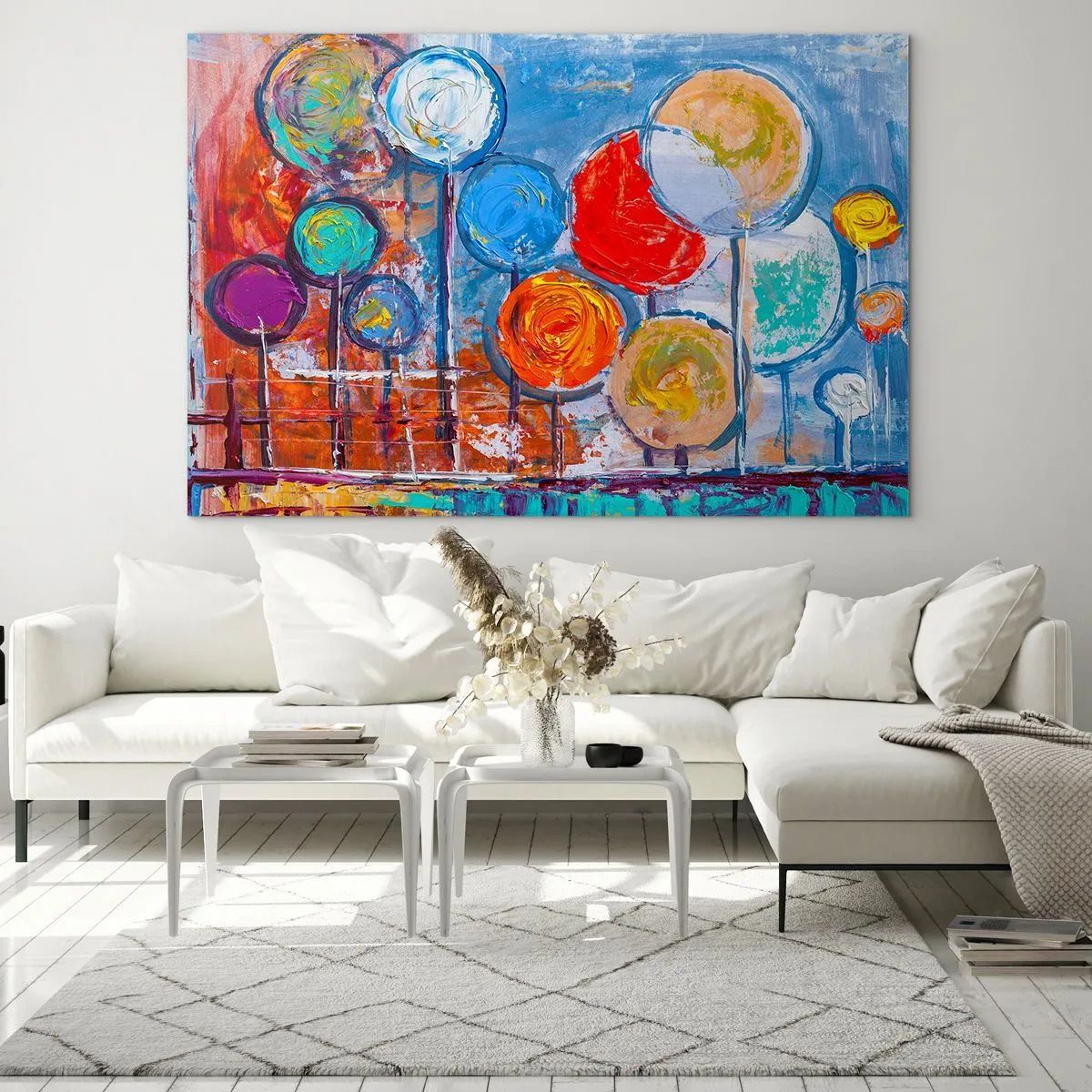 Glasbild - Bild auf glas - Bunte, abstrakte Bäume, die gegen den Himmel gemalt sind - 70x50cm - Wunder am Stiel - Moderne Wanddekoration für Wohnzimmer und Schlafzimmer ARTTOR