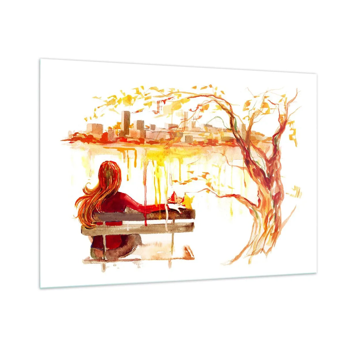 Glasbild - Bild auf glas - Eine Figur auf einer Bank mit Blick auf die Stadt in Aquarell - 100x70cm - Ein Moment der Besinnung - Moderne Wanddekoration für Wohnzimmer und Schlafzimmer ARTTOR