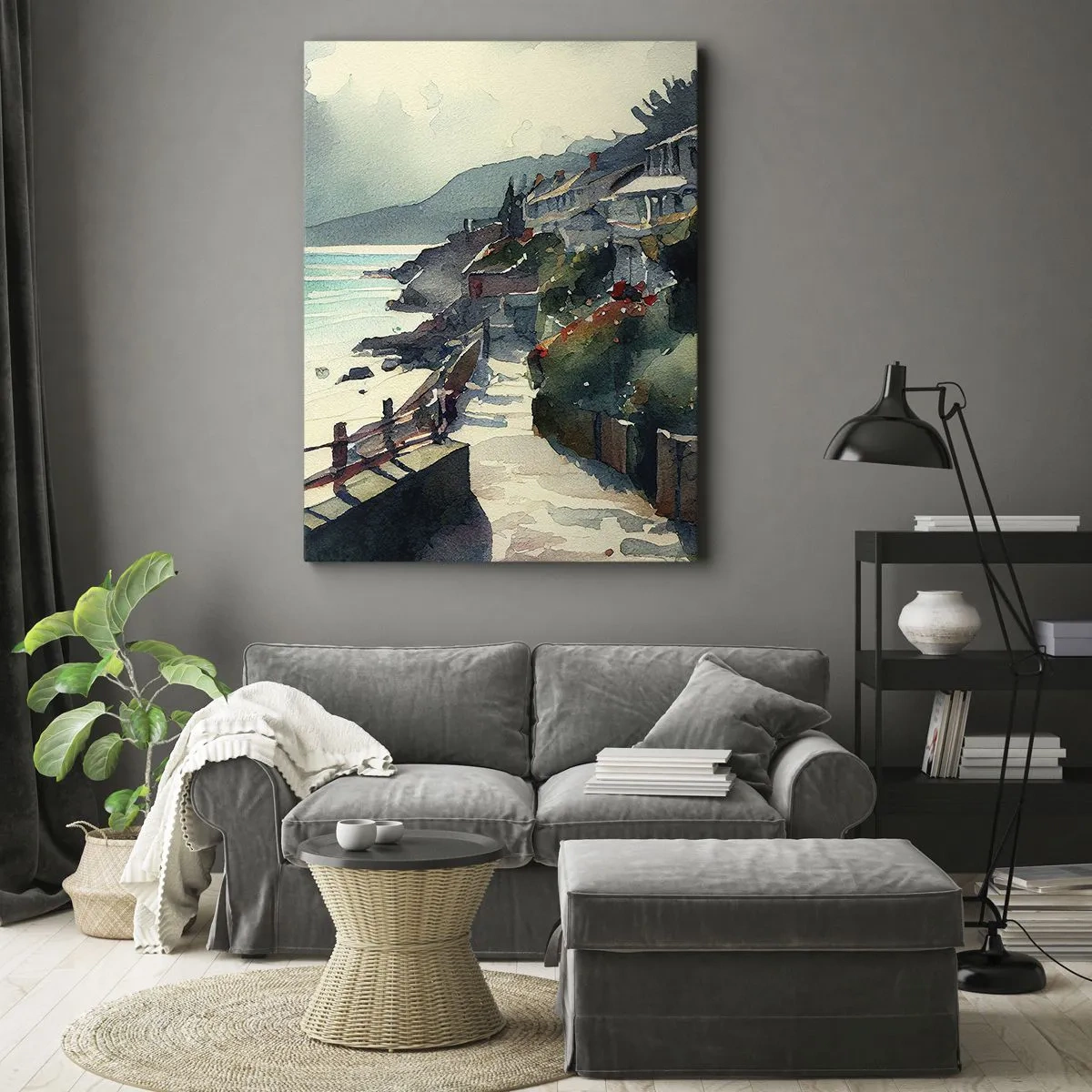 Bild auf Leinwand - Leinwandbild - Strandpromenade mit Häusern und Vegetation - 50x70cm - Mittelmeerstadt - Moderne Wanddekoration für Wohnzimmer und Schlafzimmer ARTTOR