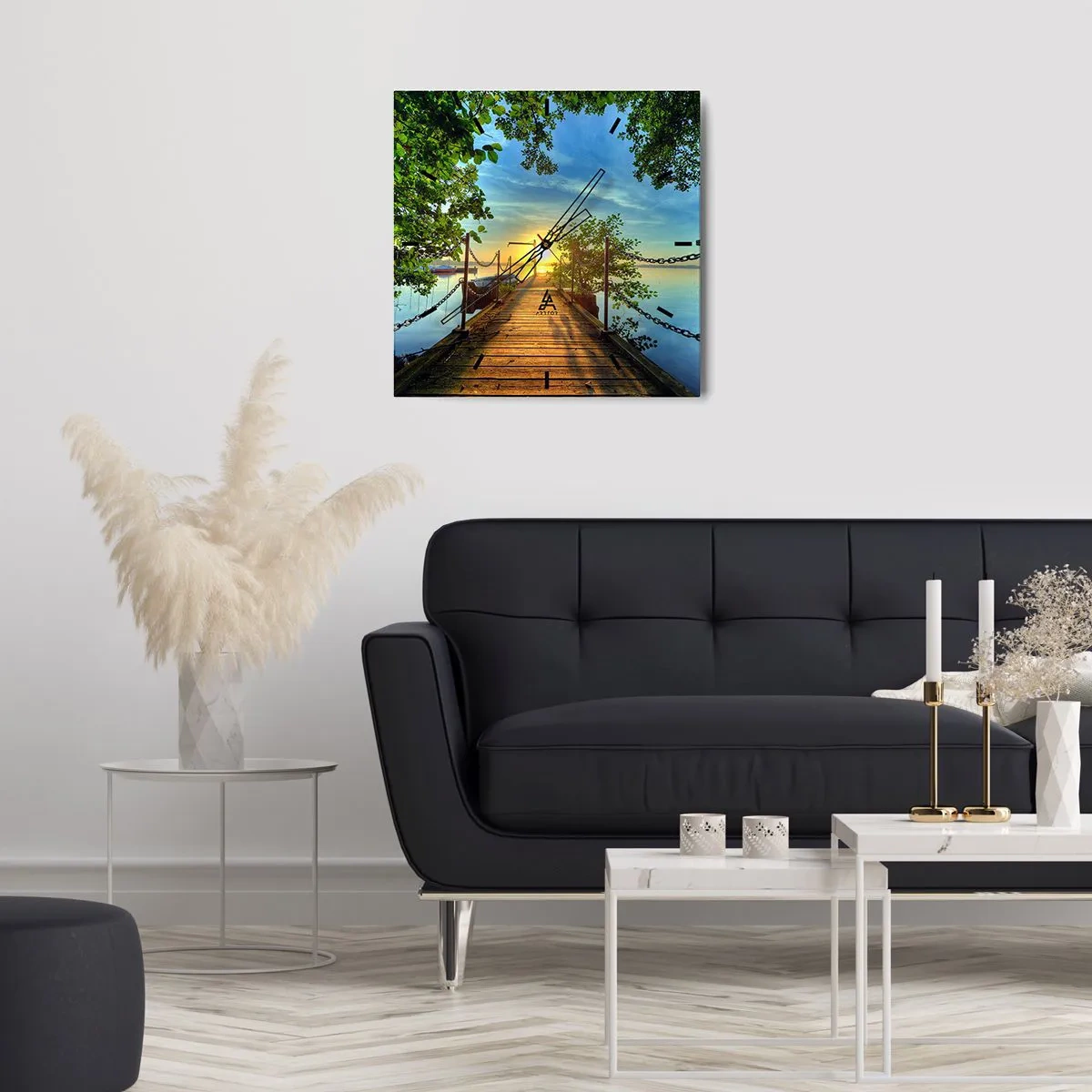 Wanduhr - Glasuhr - Ein Pier über dem See in den Strahlen des Sonnenuntergangs - 30x30cm - Westen auf dem Wasser - Moderne Wanddekoration für Wohnzimmer und Schlafzimmer ARTTOR