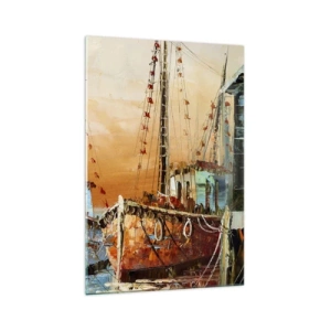 Glasbild - Bild auf glas - Boote am Ufer im warmen Licht des Sonnenuntergangs - 70x100cm - Friedliche Rückkehr - Moderne Wanddekoration für Wohnzimmer und Schlafzimmer ARTTOR
