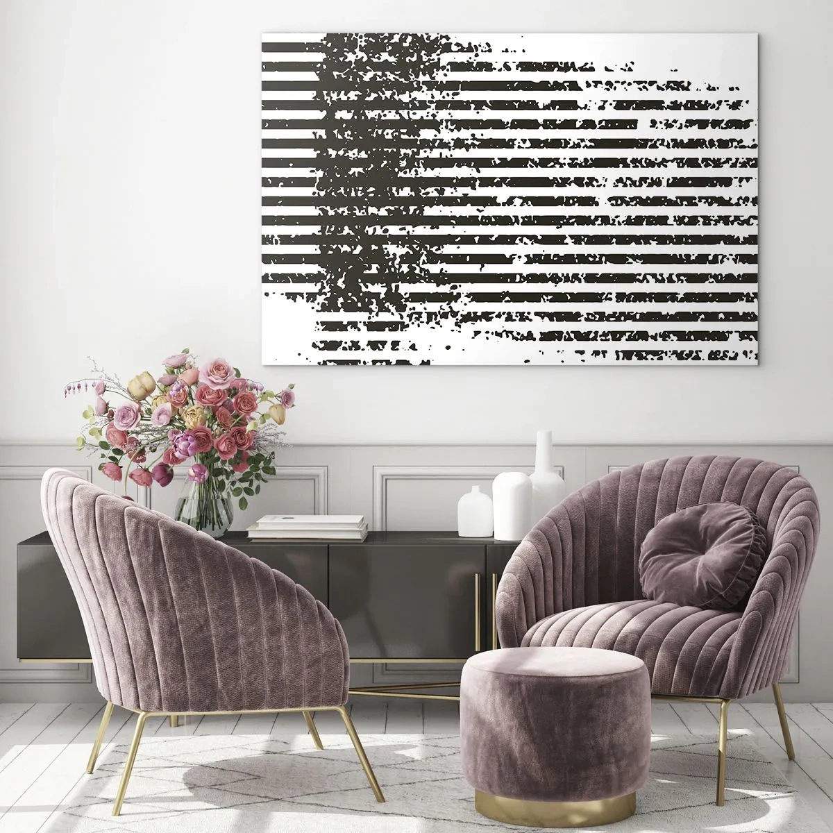 Glasbild - Bild auf glas - Schwarze und weiße horizontale Linien mit Rausch- und Abriebeffekten - 70x50cm - Rhythmus und Rauschen - Moderne Wanddekoration für Wohnzimmer und Schlafzimmer ARTTOR