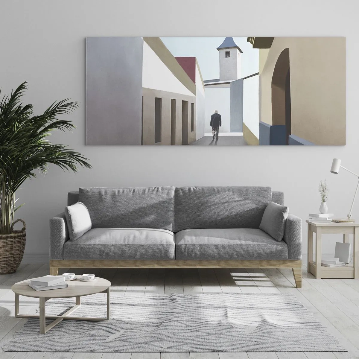 Glasbild - Bild auf glas - Eine minimalistische Straße mit der Silhouette eines Mannes im Hintergrund - 160x50cm - Sonniger Spaziergang - Moderne Wanddekoration für Wohnzimmer und Schlafzimmer ARTTOR