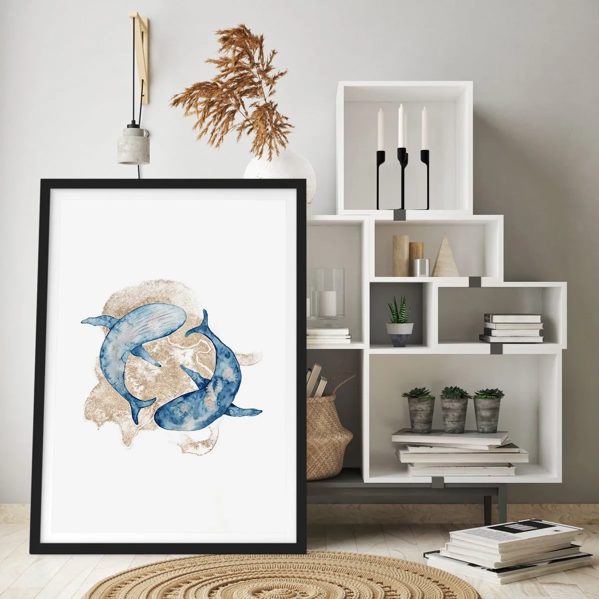 Poster in einem schwarzem Rahmen - Ein abstraktes Gemälde von zwei Finnwalen - 50x70cm - Freundschaft oder Liebe? - Moderne Wanddekoration für Wohnzimmer und Schlafzimmer ARTTOR