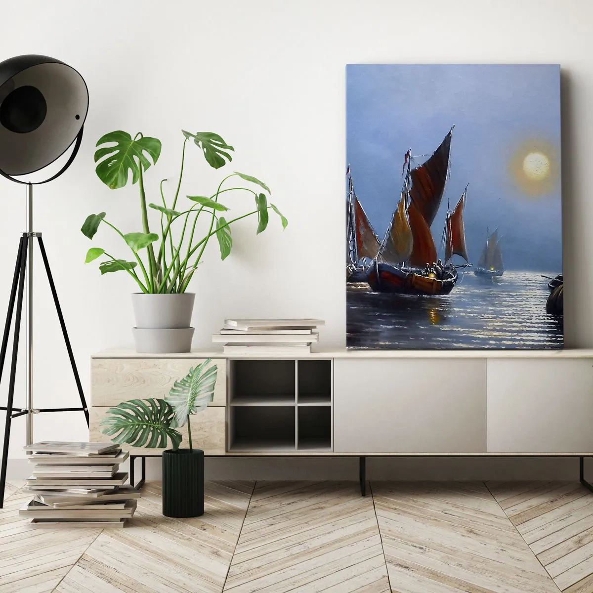 Bild auf Leinwand - Leinwandbild - Boote mit Segeln auf ruhigem Wasser bei Sonnenuntergang - 50x70cm - Nachtfang - Moderne Wanddekoration für Wohnzimmer und Schlafzimmer ARTTOR