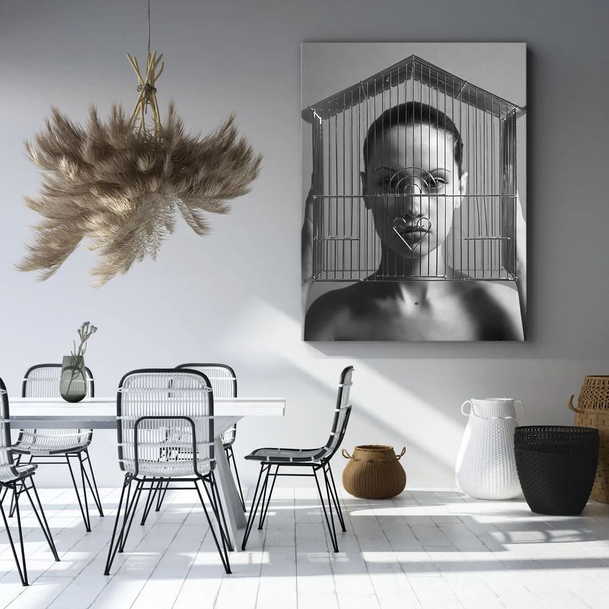 Bild auf Leinwand - Leinwandbild - Frau hinter einem Käfig im surrealen Stil - 70x100cm - Ein leicht surreales Portrait - Moderne Wanddekoration für Wohnzimmer und Schlafzimmer ARTTOR