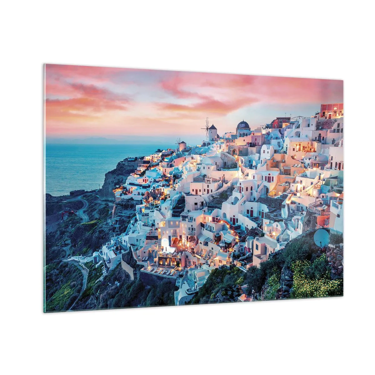Glasbild - Bild auf glas - Griechische Klippenstadt in der Abenddämmerung mit Blick auf das Meer - 100x70cm - Dein toller griechischer Urlaub - Moderne Wanddekoration für Wohnzimmer und Schlafzimmer ARTTOR
