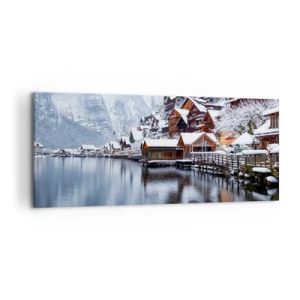 Bild auf Leinwand - Leinwandbild - Winteransicht eines Bergdorfes am See - 120x50cm - In winterlicher Dekoration - Moderne Wanddekoration für Wohnzimmer und Schlafzimmer ARTTOR