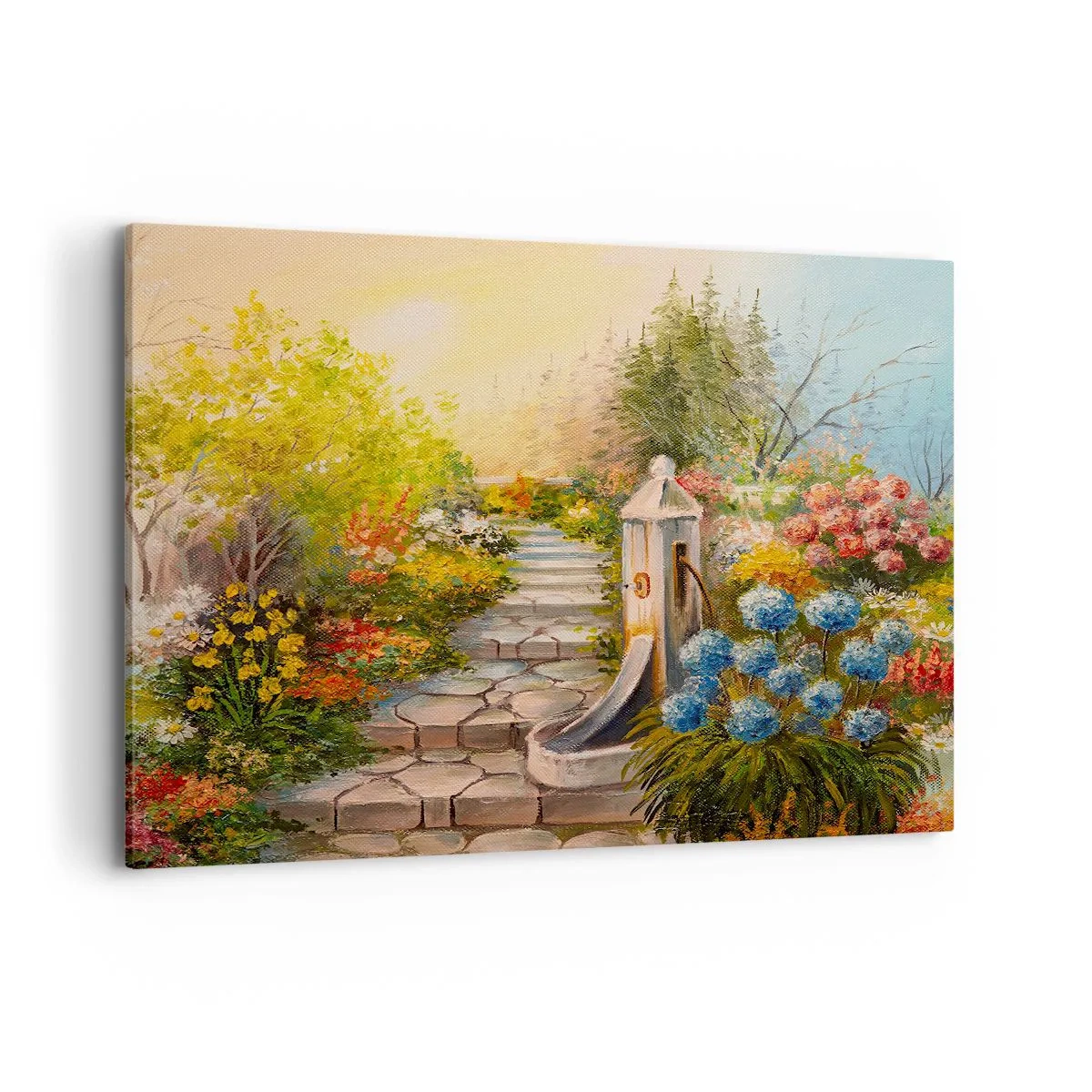 Bild auf Leinwand - Leinwandbild - Ein malerischer Garten mit einem Brunnen und bunten Blumen - 120x80cm - In voller Blüte - Moderne Wanddekoration für Wohnzimmer und Schlafzimmer ARTTOR