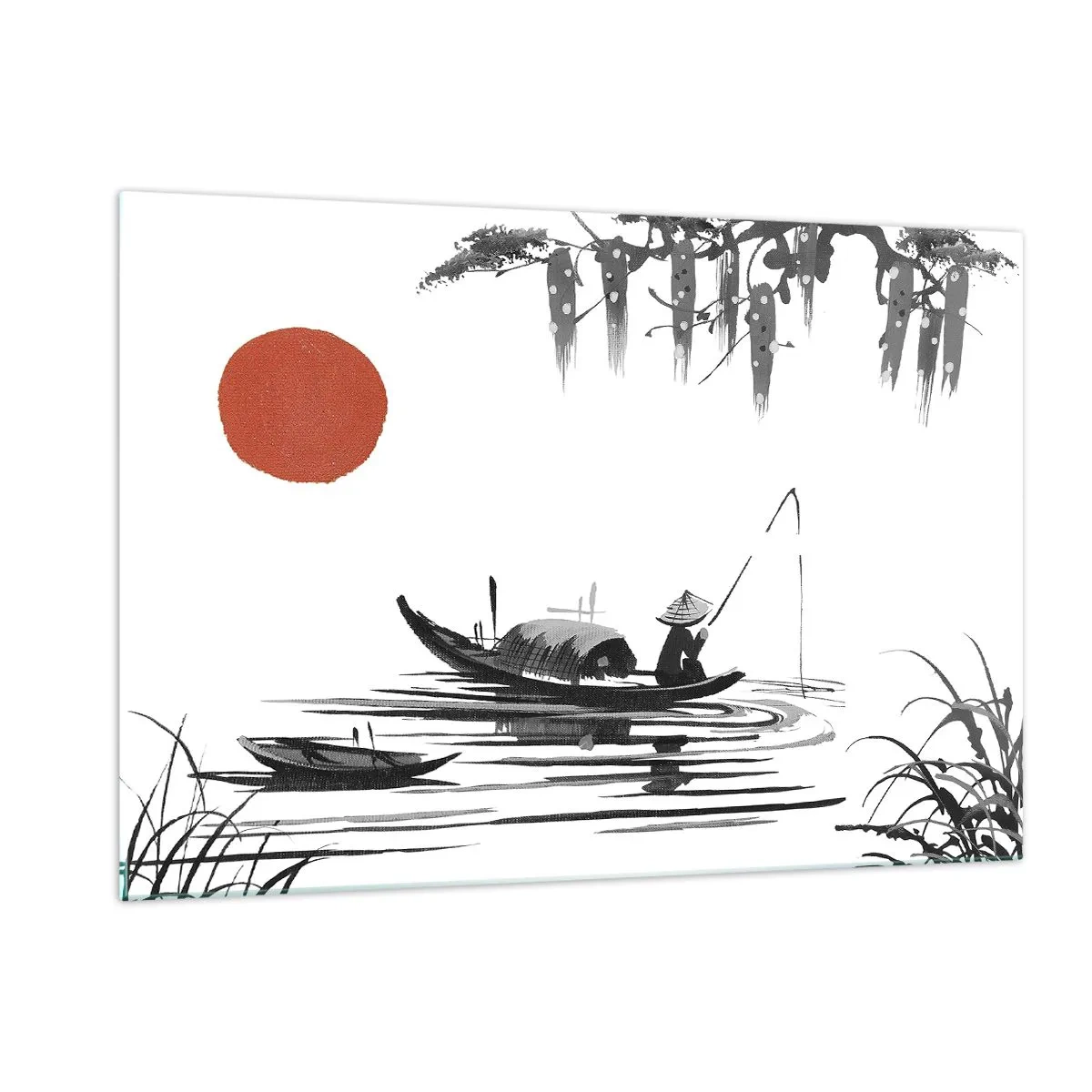 Glasbild - Bild auf glas - Traditionelles Fischerboot auf einem Fluss mit einer roten Sonne - 120x80cm - Asiatischer Nachmittag - Moderne Wanddekoration für Wohnzimmer und Schlafzimmer ARTTOR