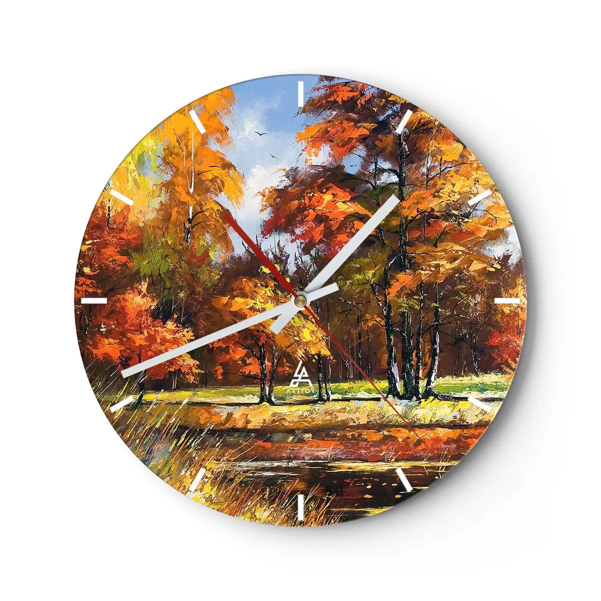 Wanduhr - Glasuhr - Herbstwald mit bunten Blättern und warmem Licht vor einer friedlichen Landschaft - 30x30cm - Landschaft in Gold und Bronze - Moderne Wanddekoration für Wohnzimmer, Küche und Schlafzimmer ARTTOR