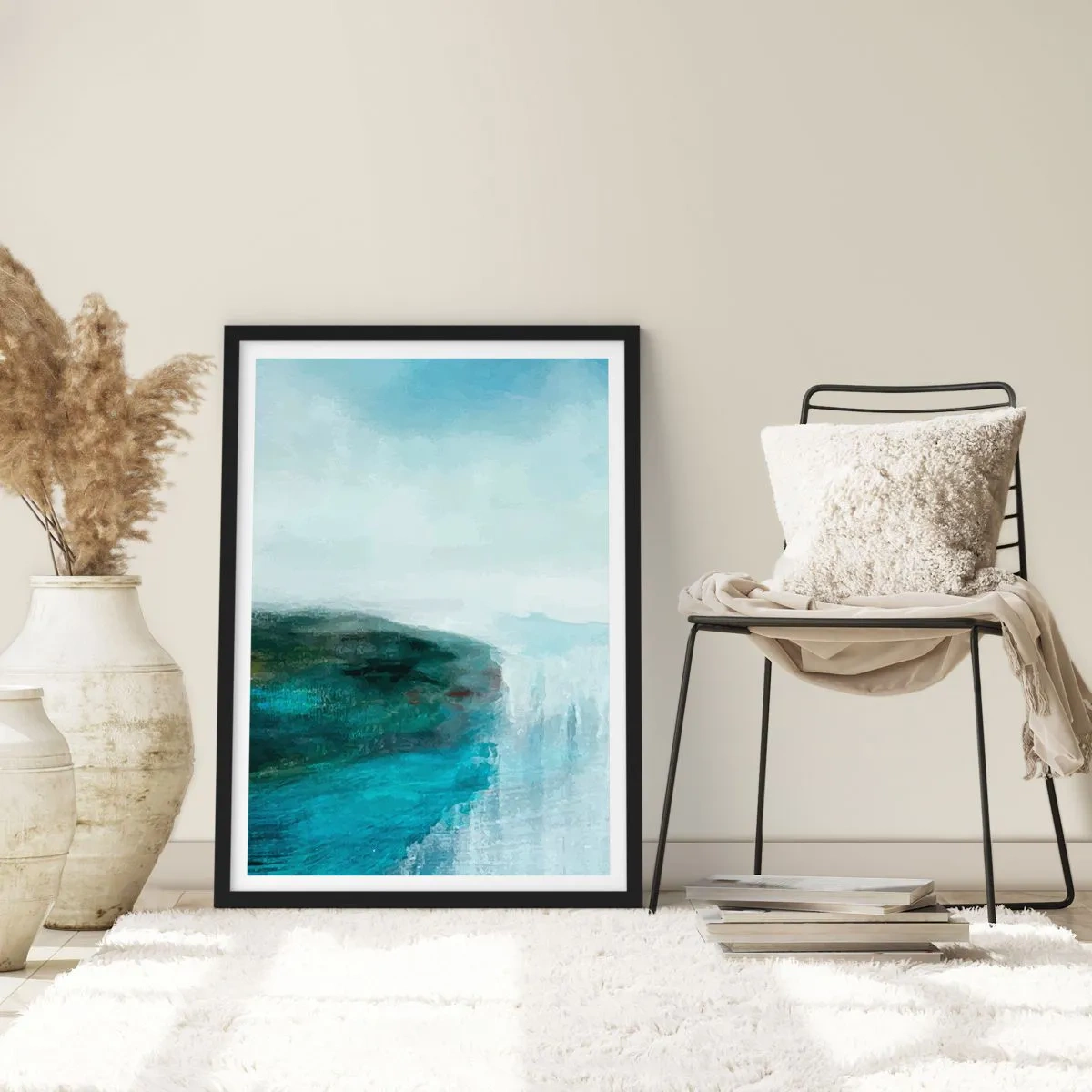 Poster in einem schwarzem Rahmen - Eine malerische Landschaft mit einer Klippe über dem Wasser in Blautönen. - 50x70cm - Nautische Abstraktion - Moderne Wanddekoration für Wohnzimmer und Schlafzimmer ARTTOR