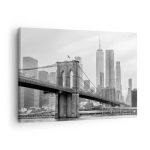 Bild auf Leinwand - Leinwandbild - Brooklyn Bridge mit New Yorker Wolkenkratzern im Hintergrund - 70x50cm - New Yorker Atmosphäre - Moderne Wanddekoration für Wohnzimmer und Schlafzimmer ARTTOR