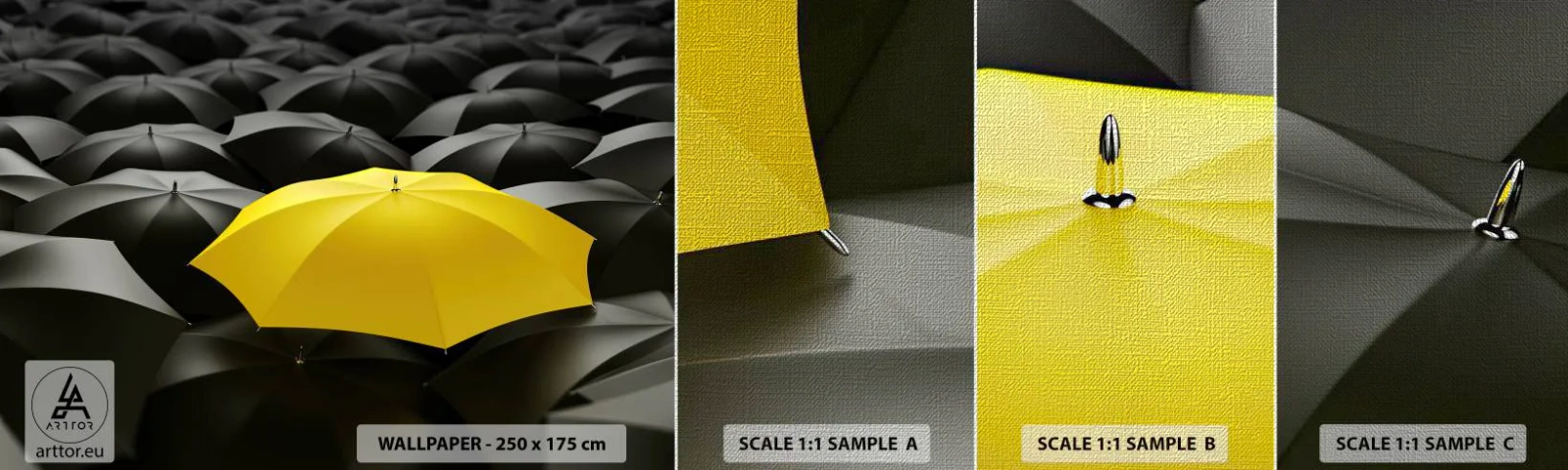 Fototapeten Muster Premium Canvas - Auf Wiedersehen Trauer - Gelbe Regenschirme, Grafik, Konzept - 100x30 cm