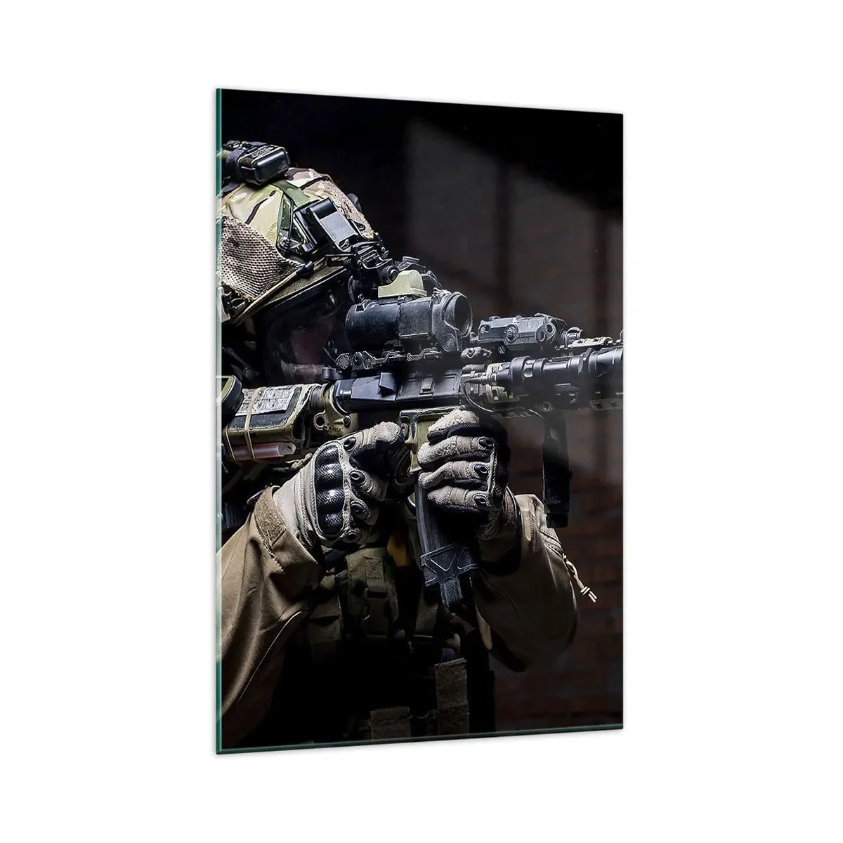 Glasbild - Bild auf glas - Ein Soldat in voller Montur mit einem Gewehr - 80x120cm - Tödlich wirksam - Moderne Wanddekoration für Wohnzimmer und Schlafzimmer ARTTOR