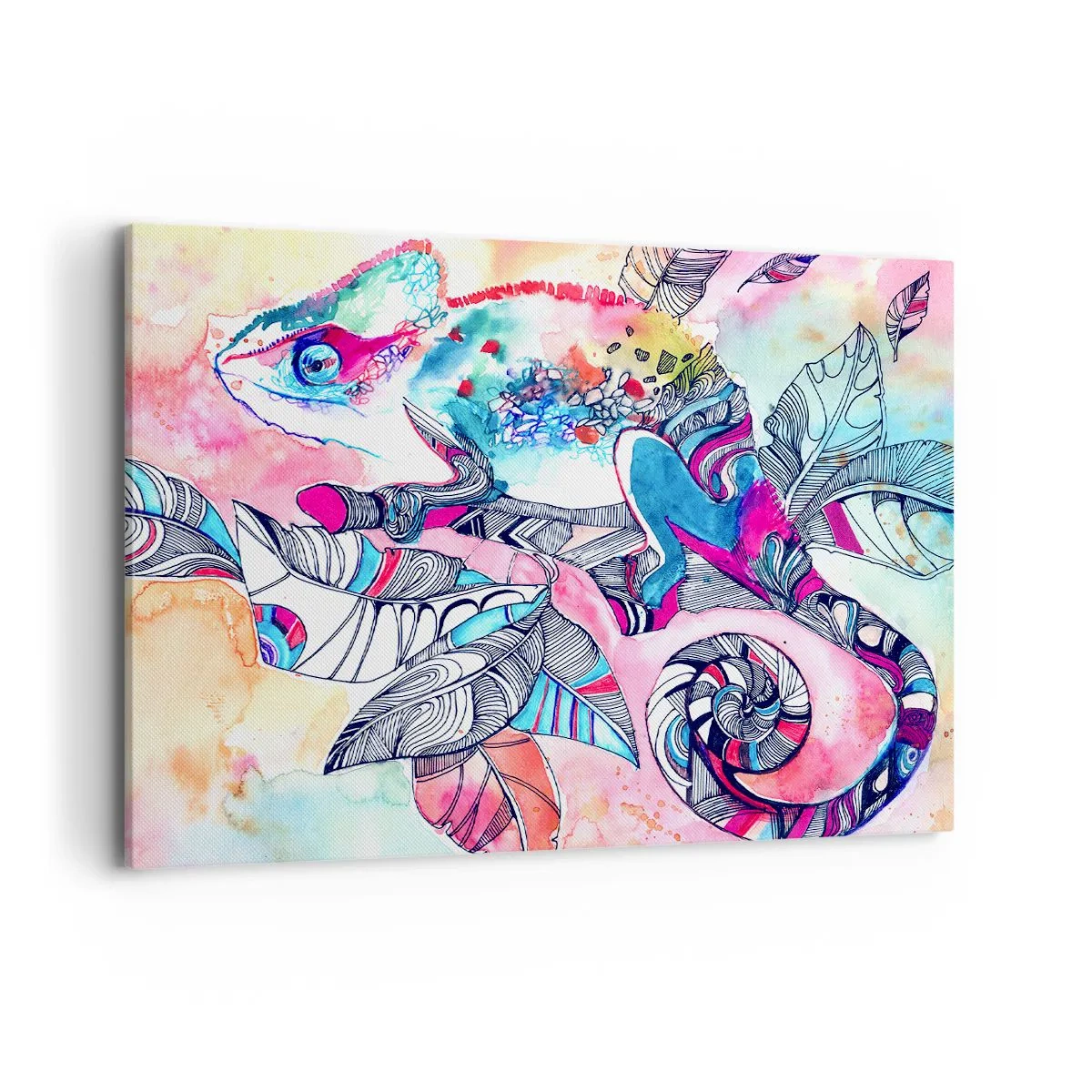 Bild auf Leinwand - Leinwandbild - Buntes Chamäleon auf abstraktem Blätterhintergrund - 100x70cm - So bunt wie unsere Welt - Moderne Wanddekoration für Wohnzimmer und Schlafzimmer ARTTOR