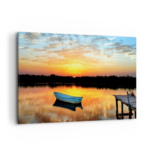 Bild auf Leinwand - Leinwandbild - Ein Boot auf einem ruhigen See bei Sonnenuntergang - 100x70cm - Schauen, hören, meditieren - Moderne Wanddekoration für Wohnzimmer und Schlafzimmer ARTTOR