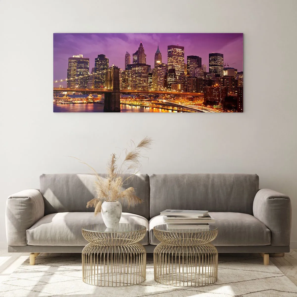 Glasbild - Bild auf glas - Violett-goldenes Manhathann - 100x40 cm