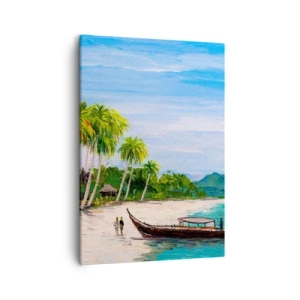 Bild auf Leinwand - Leinwandbild - Ein exotischer Strand mit Palmen und einem Boot am Ufer - 50x70cm - Exotischer Traum - Moderne Wanddekoration für Wohnzimmer und Schlafzimmer ARTTOR
